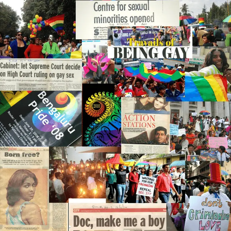 A collage of news clippings, pride march photographs and protest placards from queer movements in India.