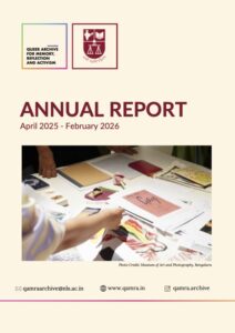 A cover page that says "Annual Report" with the NLSIU and QAMRA logos. It includes an image of a hand reaching towards archival material, and the instagram handle and contact details of QAMRA.